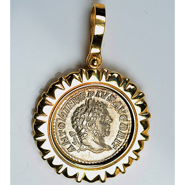 Roman Silver Denarius  Coin  in 14kt Gold Pendant Caracalla circa A.D. 198-217